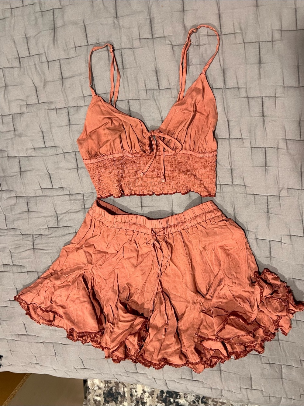 Women's Two-Piece  Set — Rust Pink Crop Top & Ruffle Skirt